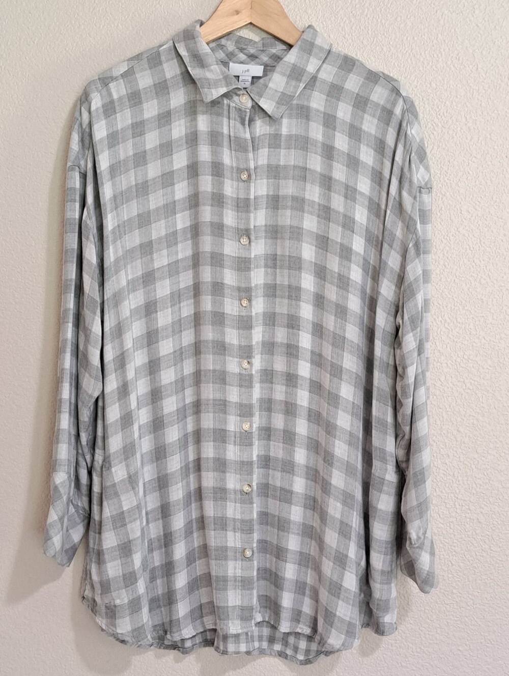 J Jill L/S Button Up Flannel Tunic Top Gray Plaid Pockets XL